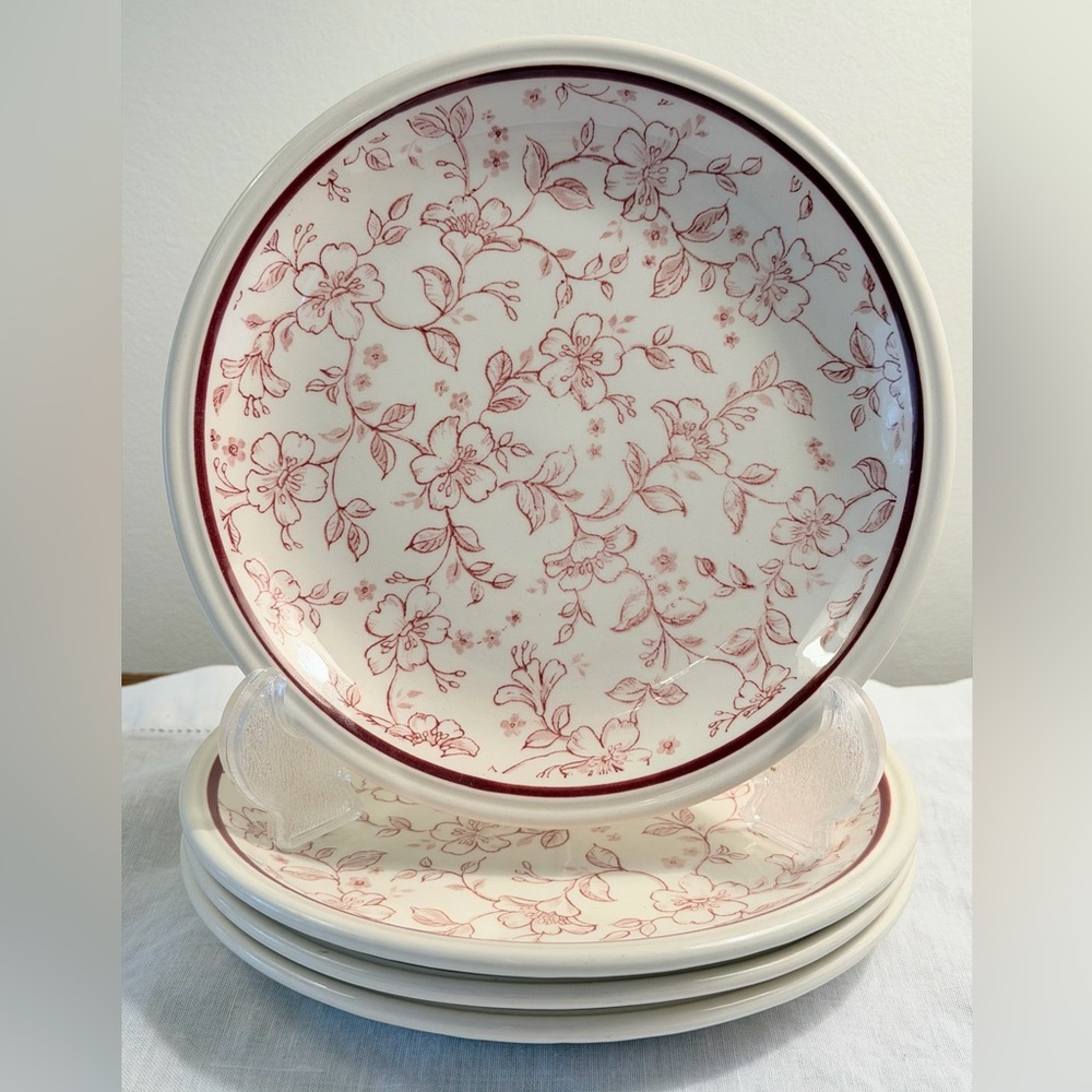Vintage Red Transferware Floral Plates Bread Dessert Set Four Biltons England